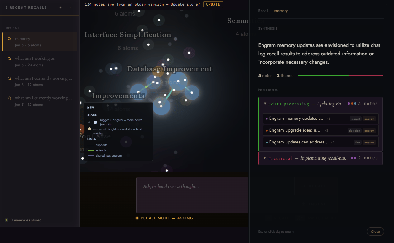 Lorefold recall screen: a synthesized answer drawn from notes, with source themes listed below.